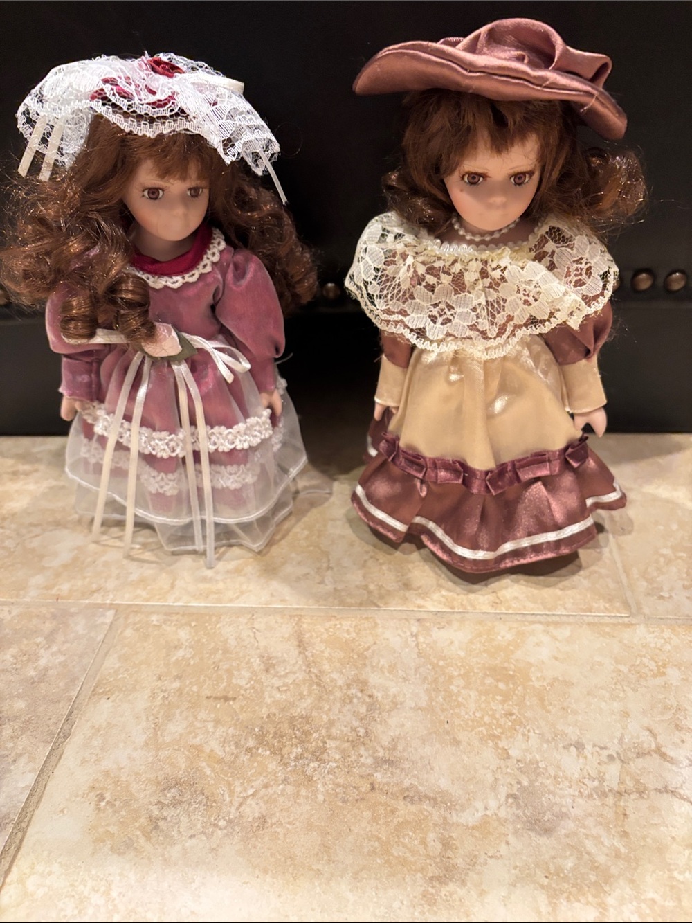 Very Sweet Pair of Vintage Porcelain Dolls in Rose and Cream Dresses on Stands